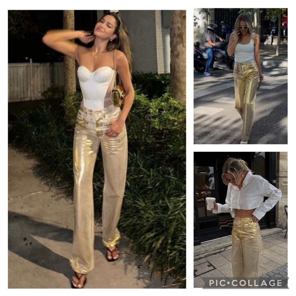 Zara Gold Foil ButtonFly Wide Leg Limited Edition Denim Jeans Women’s size 4